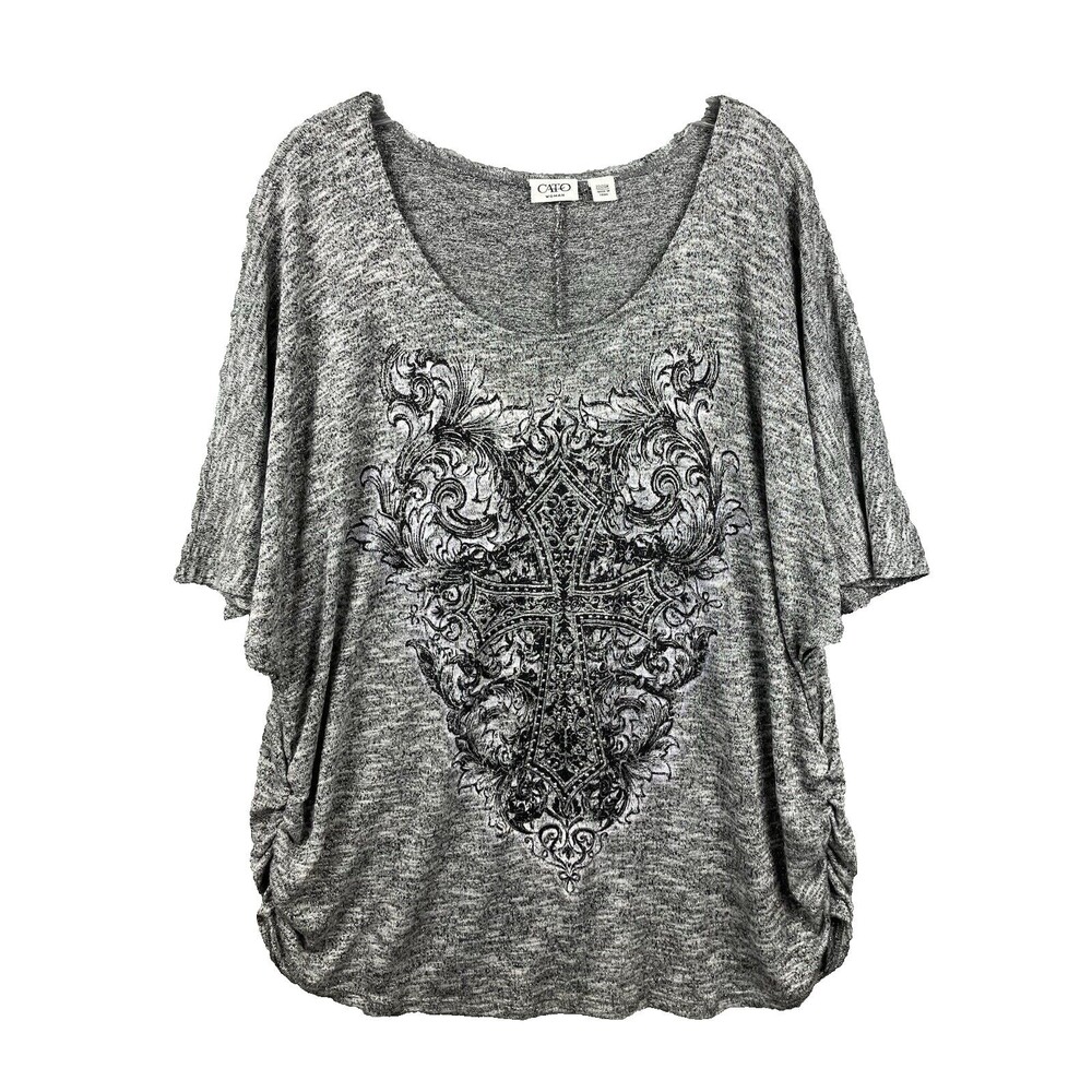 Cato Studded Cross Design Stretch T-Shirt Top Womens 22/24W Ruched Biker Tattoo